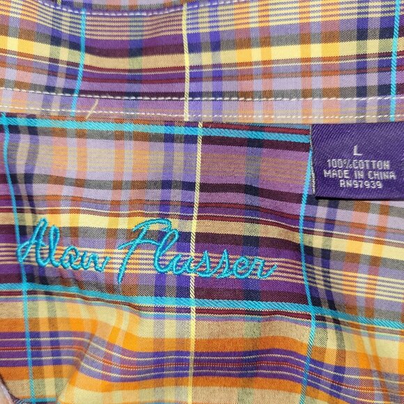 Alan Flusser Shirt Mens L Purple Yellow Plaid Cotton Pocket Preppy Office Casual - Picture 3 of 11